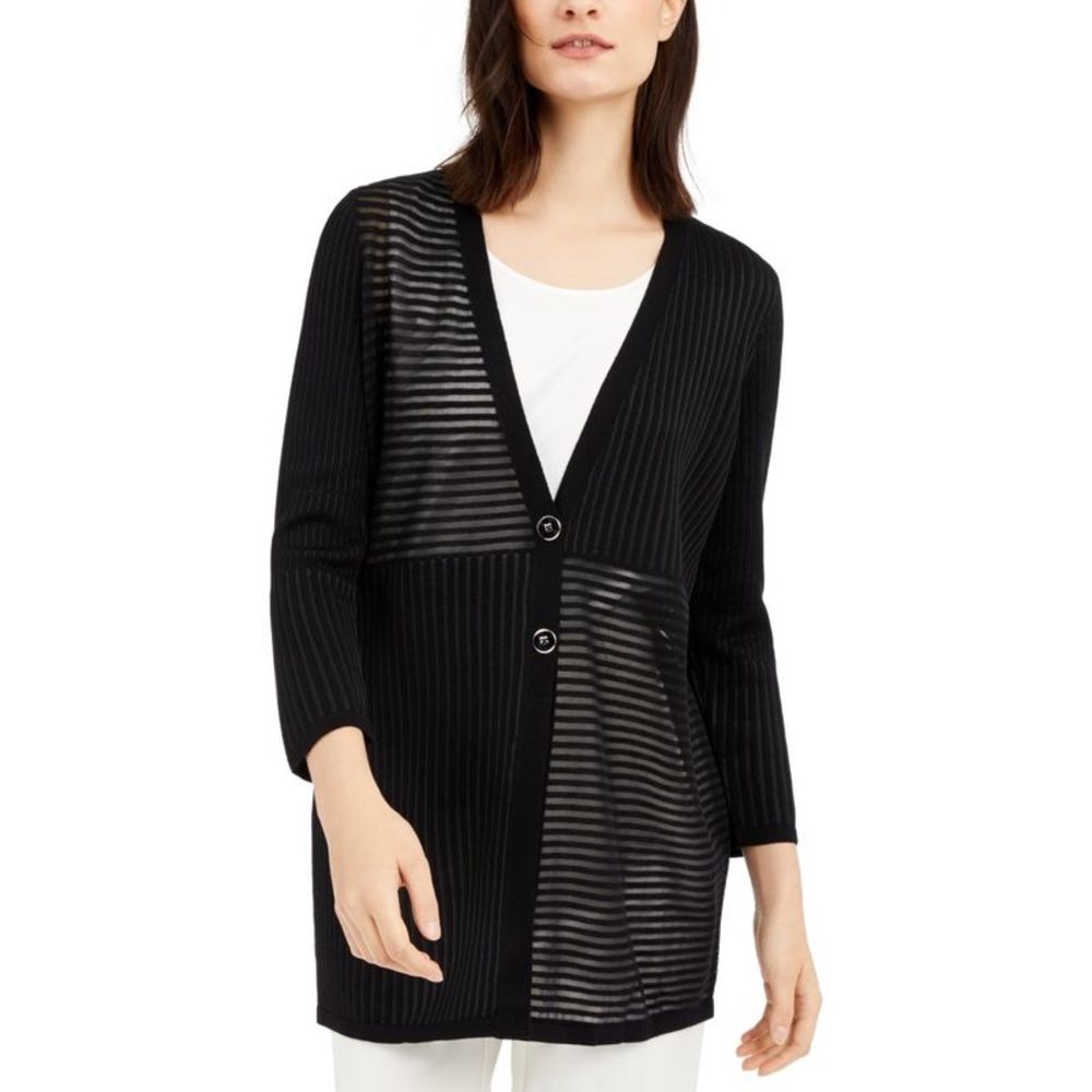 Alfani Women's Shadow-Stripe Ribbed Cardigan Black Size Large